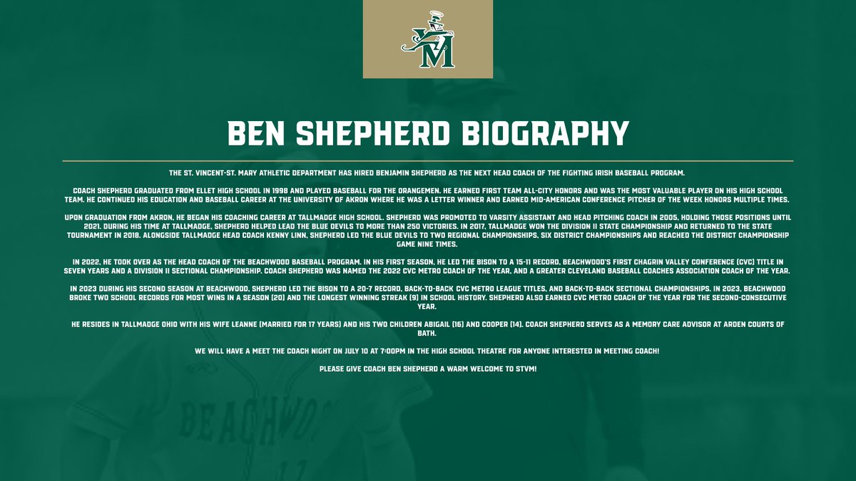 🚨 NEW HIRE 🚨 The St. Vincent-St. Mary High School Athletic Department has hired Ben Shepherd as the next head baseball coach. Please welcome Coach Shepherd to the Fighting Irish Family!

#GoIrish ☘️⚾️