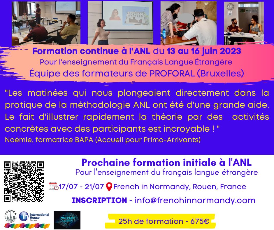 Bonjour 🙂 Il reste quelques places. Venez découvrir une approche qui donne un cadre pédagogique avec des outils concrets🙂 Bonne journée ! #approcheneurolinguistique #formation #fle #frenchinnormandy <a href="/Study_French/">French in Normandy</a>