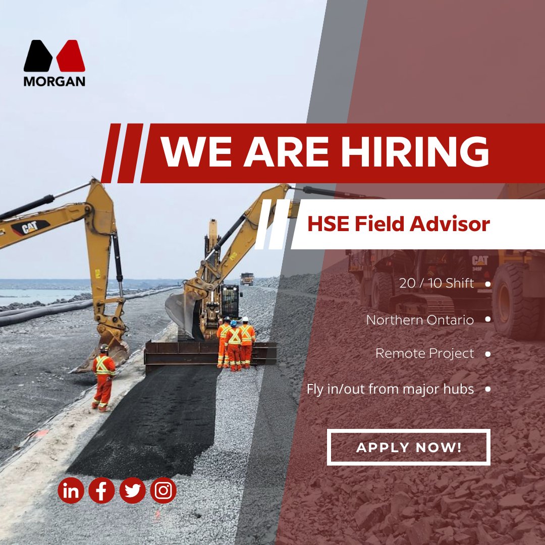 We are hiring now for an HSE Field Advisor for aproject in Northern Ontario.

Apply today and join our team!
mcel.ca/careers

#heavycivilconstruction #energy #albertajobs #WeAreMorgan #ontariojobs