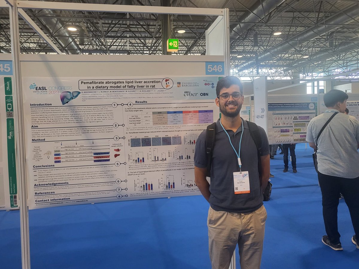 AlegretLab's tweet photo. @RbentanachsR at the #EASLCongress presenting part of his thesis project about the beneficial effects of pemafibrate on hepatic steatosis in female rats https://t.co/ezELTWNqwN