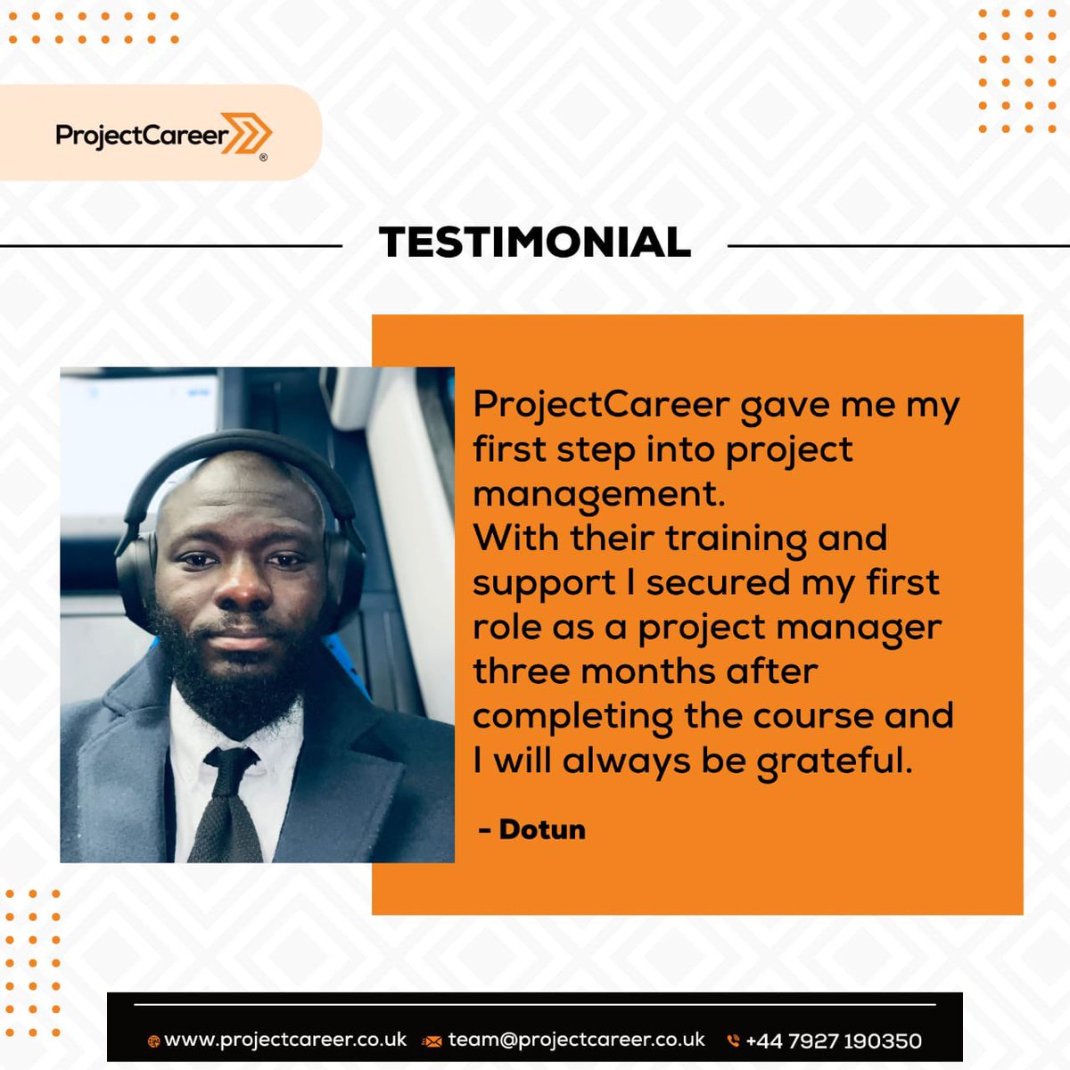 ProjectCareerUK's tweet photo. #ProjectCareerSuccessStory
Meet Dotun who secured his first project management role three months after completing our project management course. Want to be like Dotun? Join our project management Lagos boot camp https://t.co/wjMjnchVy7
#projectmagement #TechIsHiring #tech https://t.co/ykPqnTZp61