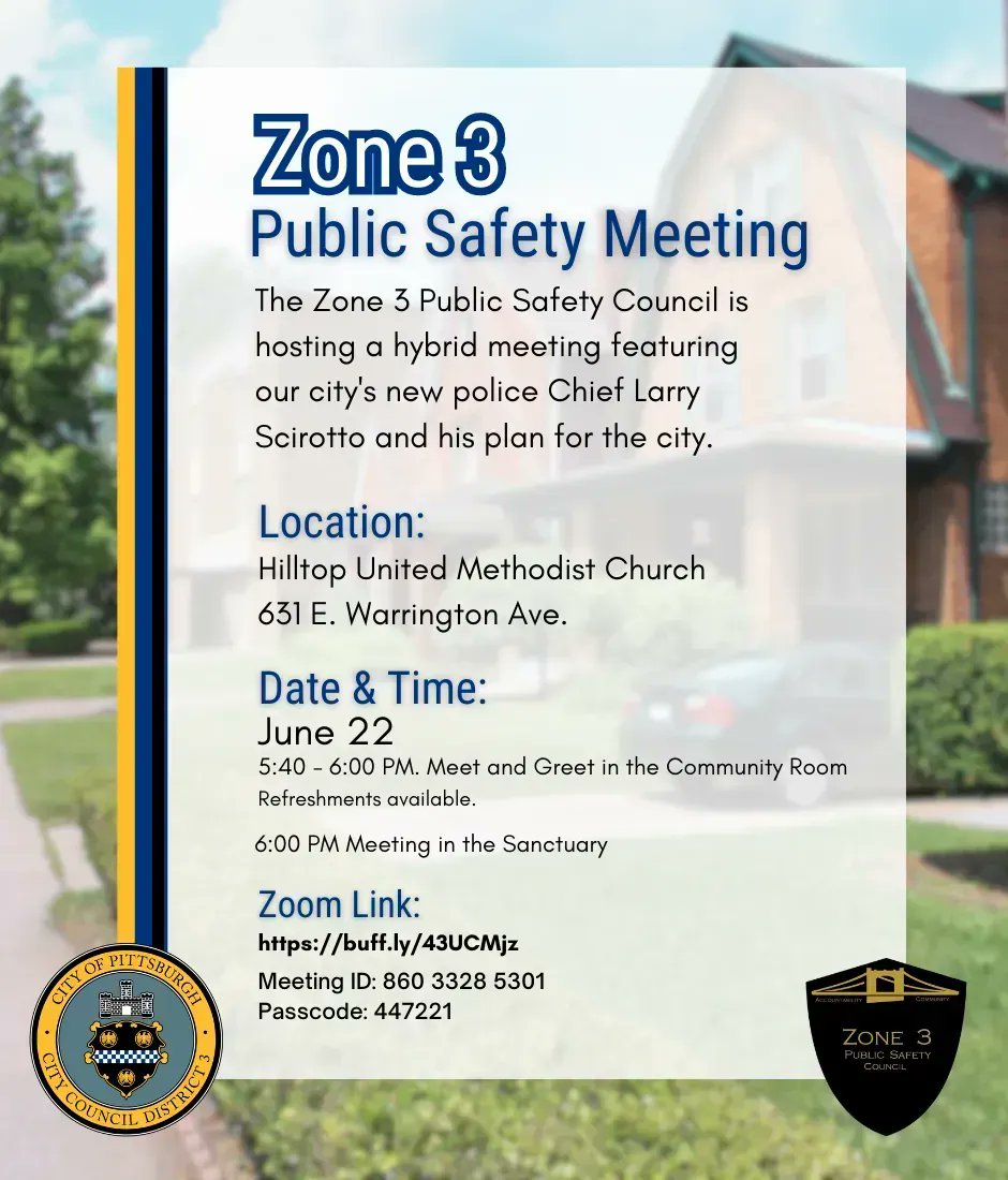 📢 Join the Zone 3 Public Safety Meeting TODAY at 6PM. 

It'll be held at The Hilltop United Methodist Church at 631 E. Warrington Ave.

For those who can not attend in person, a Zoom link is available. 
buff.ly/43UCMjz