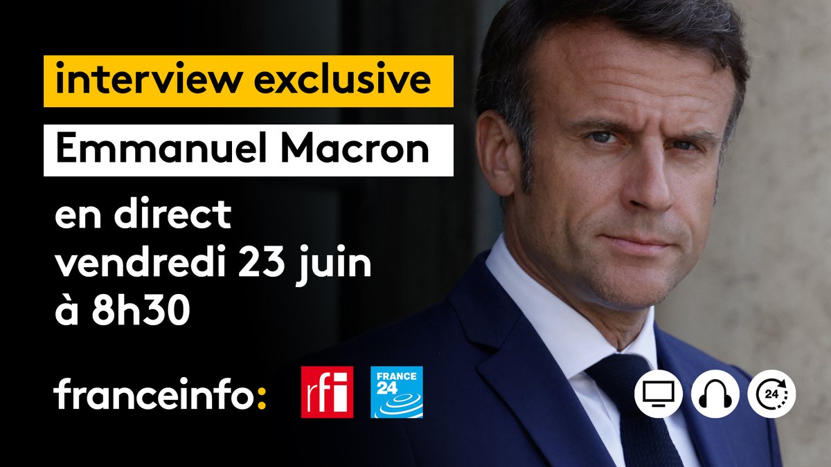 Dans le cadre du #SommetdeParis sur le financement des pays pauvres touchés par le #RechauffementClmimatique, #EmmanuelMacron est l'invité de #franceinfo, #rfi et #France24, demain matin.