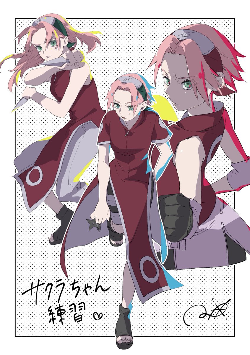 haruno sakura 1girl pink hair kunai green eyes weapon holding holding weapon  illustration images