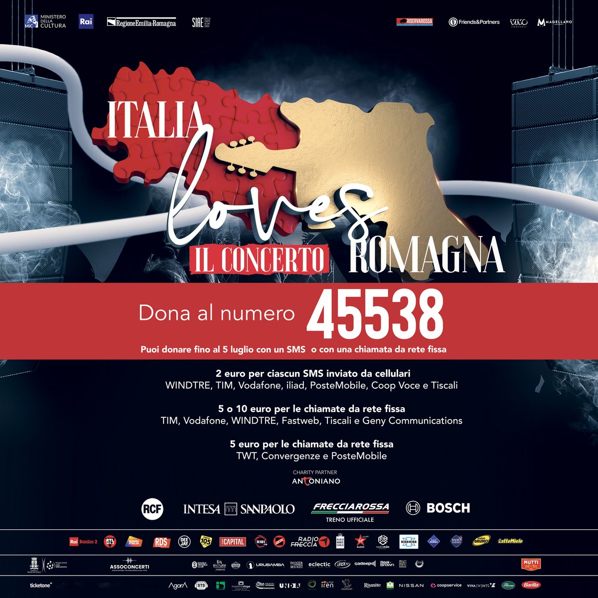 TicketOneIT's tweet photo. 📣 La musica italiana insieme per la Romagna, il grande concerto-evento per sostenere le popolazioni colpite dalla terribile alluvione che si è abbattuta sul territorio romagnolo.

📆 24 giugno | Reggio Emilia, RCF Arena

🎫 Ultimi biglietti:
https://t.co/UuQDrSKHSe https://t.co/yvR5lqeCZR