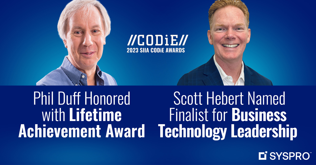 SYSPROAmericas's tweet image. Congrats to @SYSPRO co-founder &amp;amp; exec. chairman, Phil Duff, for receiving the #CODiE Lifetime Achievement Award, &amp;amp; to SYSPRO USA CEO, Scott Hebert, for being named a @CODiEAwards finalist in Business Tech Leadership: hubs.ly/Q01Vtsj40

@SIIA @PhilDuff_SYSPRO #SayYesToNext