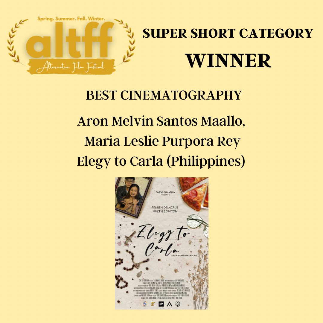 AltFilmFest's tweet photo. SUPER SHORT CATEGORY Best Cinematography: Aron Melvin Santos Maallo, Maria Leslie Purpora Rey - Elegy to Carla (Philippines)
#alternativefilmfestival #altff #summer2023
•
•
•
•
•#filmfestival #filmawards #filmcommunity #filmmakers #filmfreeway #filmfestivals #imdb https://t.co/G1GOaIuX80