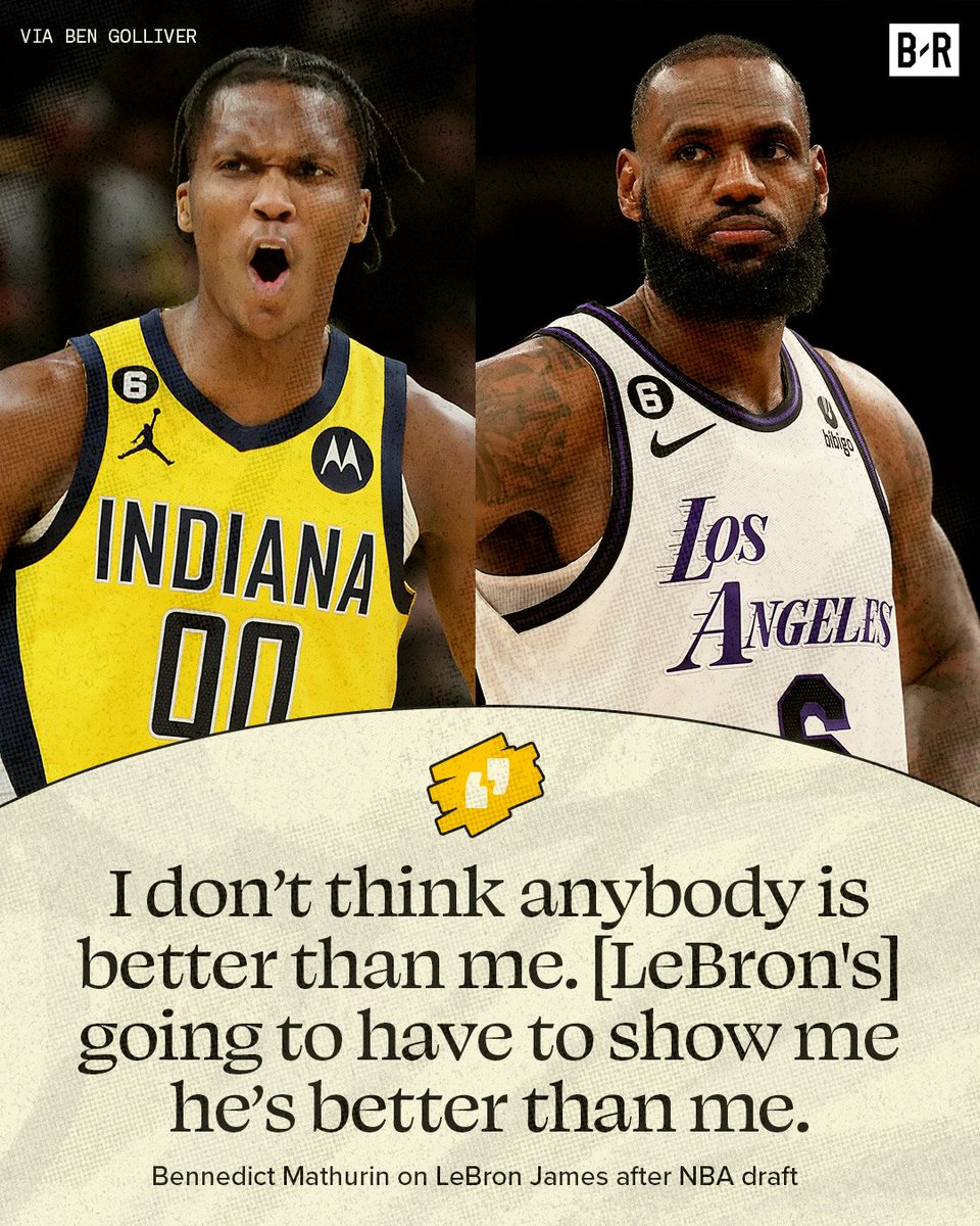 BleacherReport's tweet photo. Bennedict Mathurin had a wild quote before he got drafted last year 😳

When he played Bron for the first time he dropped 23 points and 8 rebounds

Tuff.

(via @BenGolliver) https://t.co/PzQhCSegcO