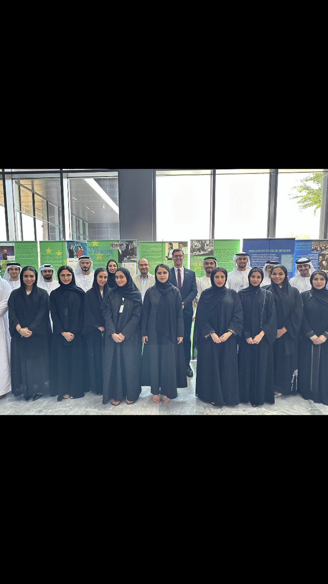 IrelandEmbUAE's tweet photo. We were honoured today to discuss the impact that 50 years in the EU has had on Ireland with the UAE’s future diplomats @AGDAUAE Thanks for the lively discussions! As they faced into their final exam, it’s clear that the future of the UAE’s foreign policy is in good hands 🇮🇪🤝🇦🇪 https://t.co/0VRfGQXs1v