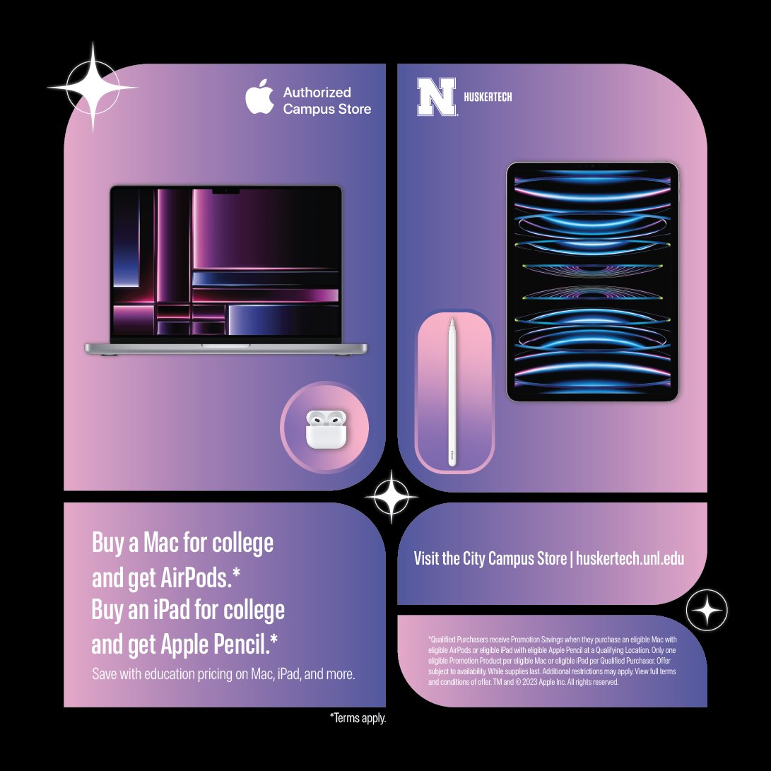 UNLhuskertech's tweet photo. We've got some awesome Back to School deals.

Buy a Mac for college and get AirPods.
Buy an iPad for college and get Apple Pencil.

Shop now in-store or online (link in bio).

#backtoschool #apple #nebraska #huskers #unl #huskertech https://t.co/GWQQ1ut7lX