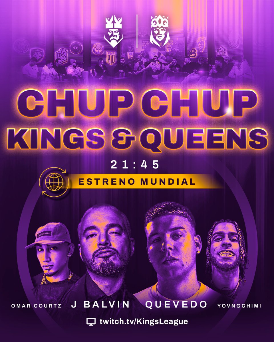 👑 Hoy tendremos a <a href="/JBALVIN/">J BALVIN</a>, <a href="/pedrodquevedo/">QUEVEDO</a>, <a href="/omarcourtz/">OUSI 🧛🏼™</a> y YOVNGCHIMI para presentar un estreno mundial.

⌛ A las 21:45h en twitch.tv/KingsLeague

#ChupChupKings8 #InfoJobs