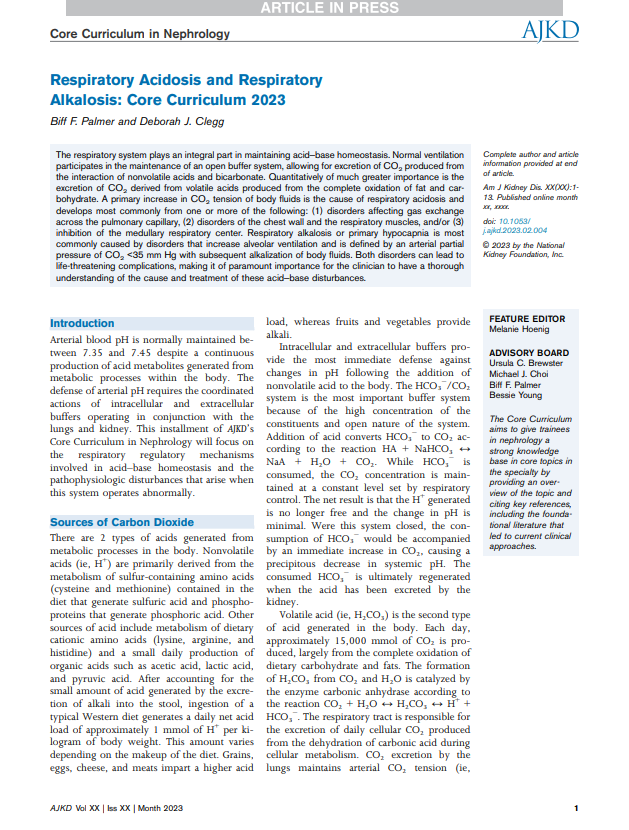 Respiratory acidosis and respiratory alkalosis: Core Curriculum 2023 from @AJKDonline #Nephpearls pubmed.ncbi.nlm.nih.gov/37341662/