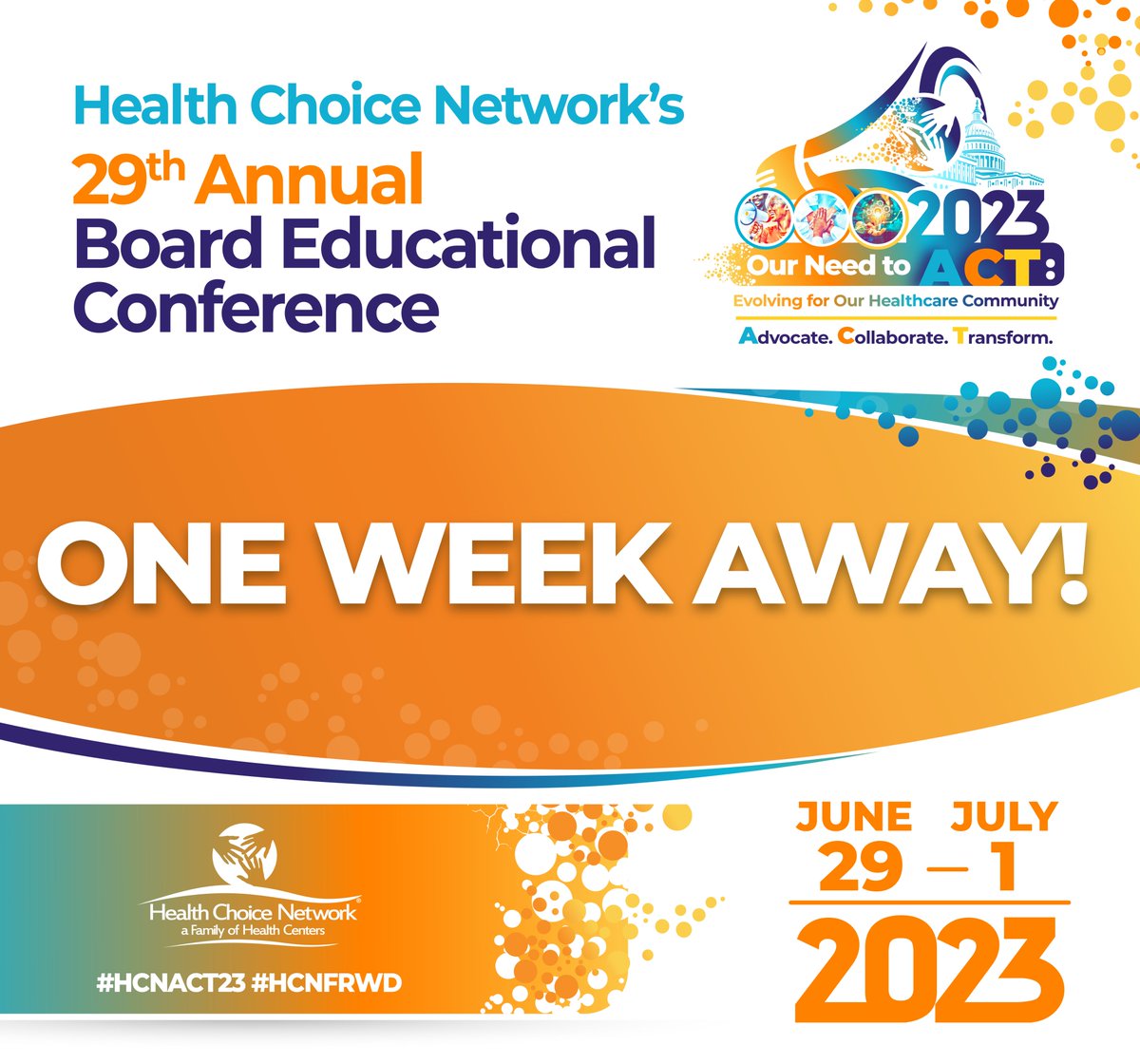 HCN's 29th Annual Board Educational Conference is ONE WEEK AWAY! Now is the time to Advocate, Collaborate, & Transform with Our Need to Act: Evolving for our Healthcare Community. 
 
Register today! hcnconference.hcnetwork.org

#HCNACT23 #HCNFRWD #2023conference #HCN #stayconnected