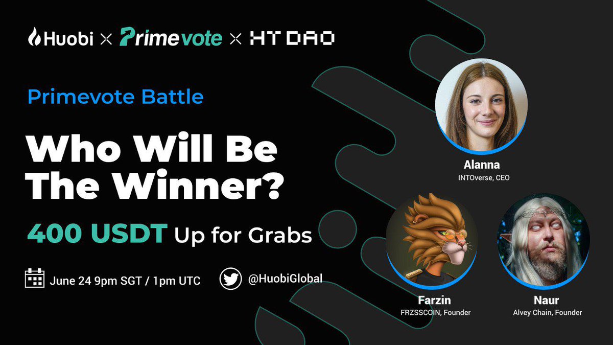 #Huobi #PrimeVote6 is finally here! 🔥Join us this Saturday to explore some of our amazing projects in this round and SHARE $400 USDT! ⏰: Sat, June 24th 9 PM SGT 🗣️: @INTOverse_ @frztoken @AlveyChain 👂: twitter.com/i/spaces/1DXxy… Enter AIRDROP through:forms.gle/MTkdwUniYgQnKa…