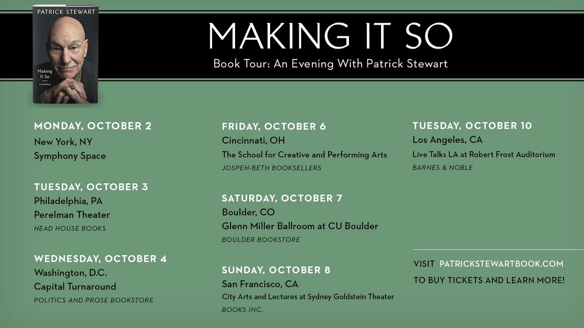 Starting today, you can purchase tickets to attend the MAKING IT SO Tour in the US. I'm so looking forward to these events and conversations about my memoir — thank you to all of the bookstores and venues for hosting. Tickets on sale now. More information at