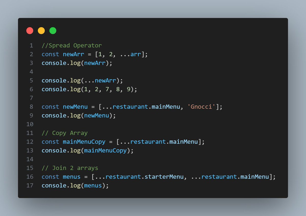 Today is day 15 of my #100DaysOfCode challenge. Focused on learning and practicing JavaScript's Spread Operator. Grateful for your support and encouragement in this valuable experience of growth and unlearning.
