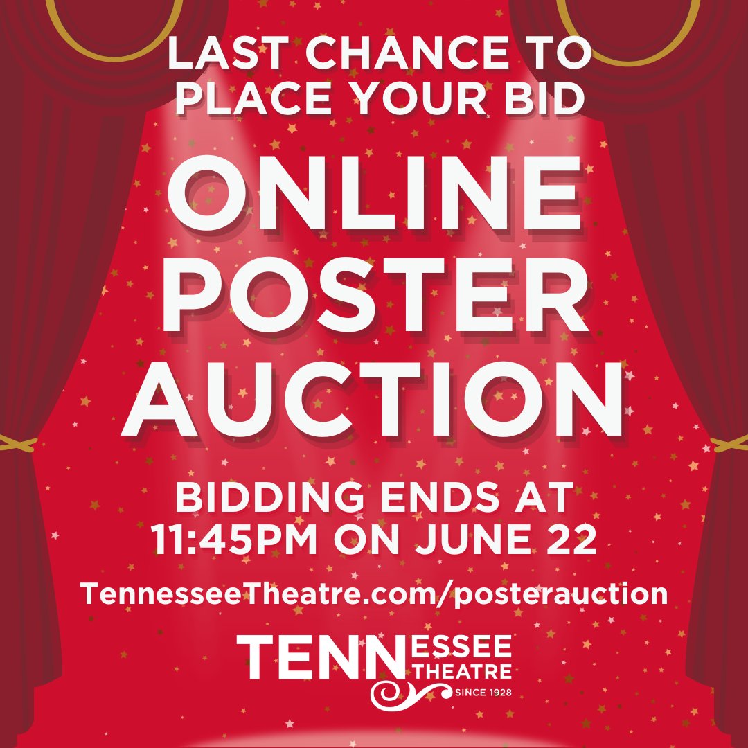 Don't miss your chance to bring home some Tennessee Theatre memorabilia! Poster auction bidding ends TONIGHT, June 22, at 11:45pm. 

Click here to place your bid: livemu.sc/3r2Q7rp