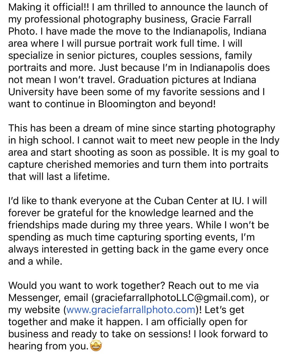 graciefarrall's tweet photo. It’s official! I am starting my own professional photography business, Gracie Farrall Photo, in the Indianapolis area. https://t.co/qzJDw356wG