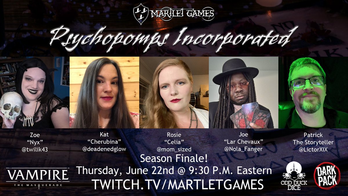 Tonight is the season finale for Psychopomps Incorporated, and the coterie has decided they want to spend it blowing off some steam. Beach episode *and* a season finale? Come check it out at 9:30 p.m. eastern at twitch.tv/martletgames
#Vampirethemasquerade #vamily