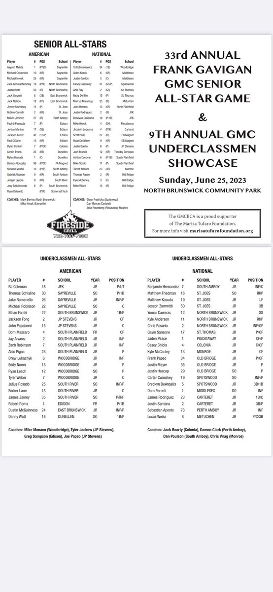 GMC Underclassmen All Star Game starting at 2 pm and Senior Game starting at 3 pm. Sunday June 25th North Bruns Comm Park. <a href="/andy_mendlowitz/">Andy Mendlowitz</a> <a href="/MyCJ_Sports/">MyCJ Sports</a> <a href="/HSSportsNJ/">NJ.com HS Sports</a> <a href="/CJSportsRadio/">Central Jersey Sports Radio</a> <a href="/Warehouse_Ball/">Baseball Warehouse</a> <a href="/NJCollegeBSBNat/">Jersey Baseball Nation</a> <a href="/RutgersBaseball/">Rutgers Baseball</a>