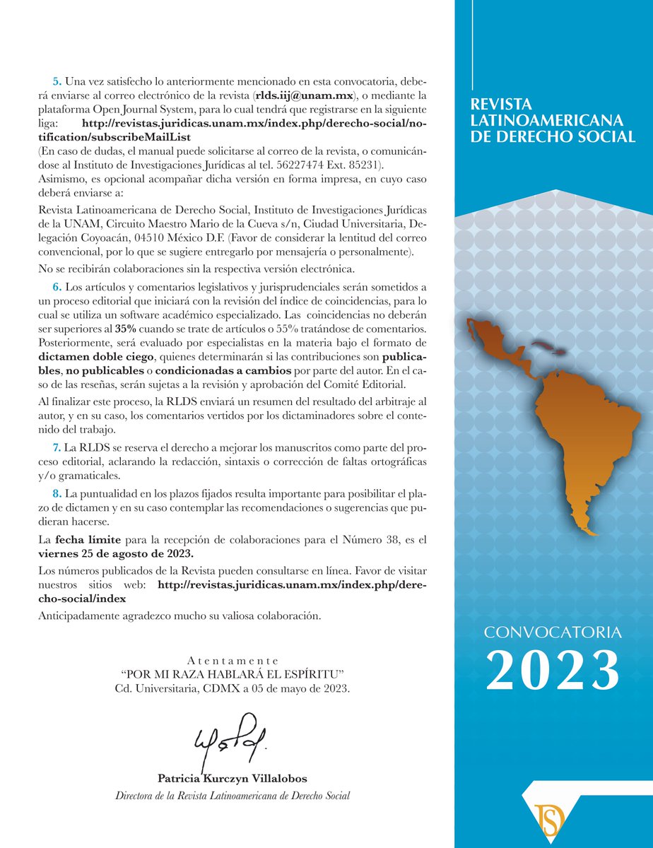 RLDSIIJ's tweet photo. 👋 Estimado académico o profesional:
👀🧠Si estas interesado en la enseñanza, impulso, difusión y actualización del Derecho Social la Revista Latinoamericana De Derecho Social convoca al envió de colaboraciones con el fin de ser publicadas en el #38. https://t.co/WAYKxhwq0C