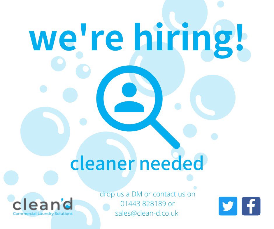 🧼WE ARE HIRING!🧹

CLEANER REQUIRED
⁃Experience a must
⁃Must be able to drive
⁃Min wage
⁃Overtime and weekends offered
⁃Plus fuel
⁃Full products and equip provided
⁃Uniform 
⁃Immediate start

Drop us a DM, call on 01443 828189 or email sales@clean-d.co.uk
