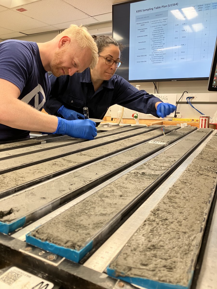 Ross_PT's tweet photo. Each #Exp395 core is about 30 ft long - a new one arrives on deck from the Atlantic seafloor every HOUR...

After being split in half, the team get straight to work taking thousands of measurements and samples. @TheJR labs are now a 24/7 data factory!

#NSFfunded #IODP https://t.co/WPePnIBBf1