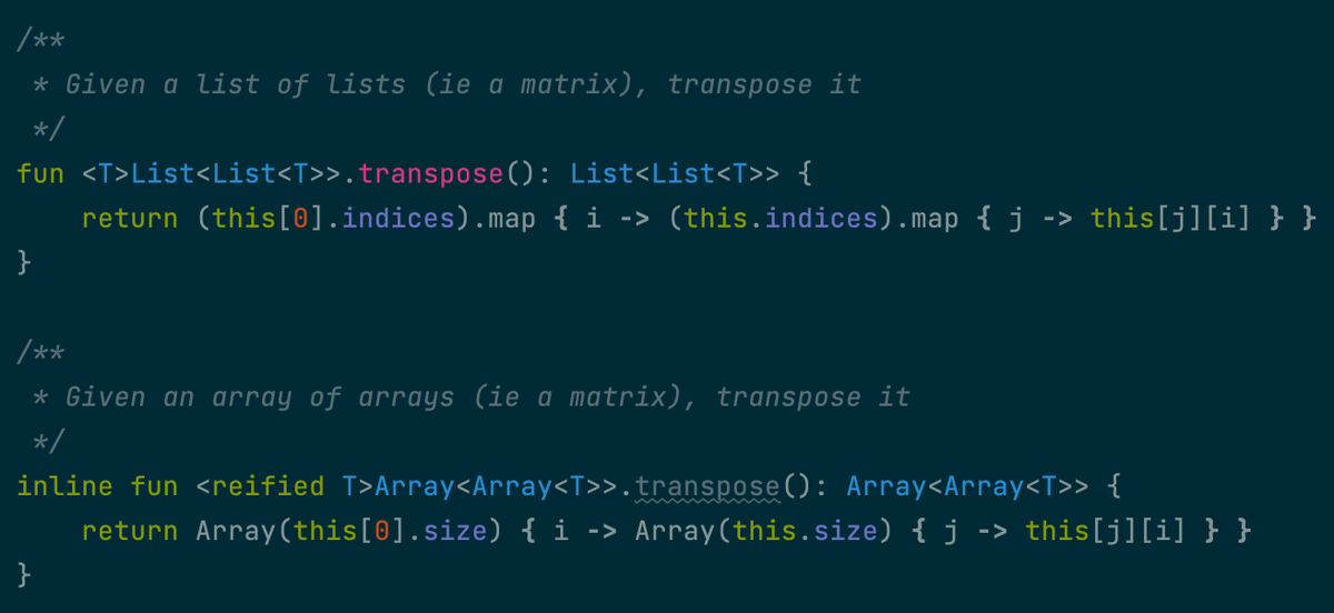 DanielJPeach's tweet photo. Handy Kotlin extension methods I wrote for transposing matrices, pretty useful for code competitions, leetcode, etc https://t.co/7MxukqZGBq