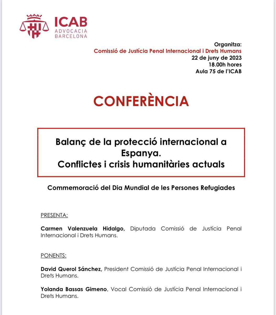Conferència: Balanç de la protecció internacional a Espanya. Conflictes i crisis humanitàries actuals

Realitzada per la Comissió de Justícia Penal Internacional i Drets Humans <a href="/ICABarcelona/">ICAB · Advocacia Barcelona</a> en Commemoració del Dia Mundial de les Persones Refugiades

#20J #Refugi #DretAsil #DDHH