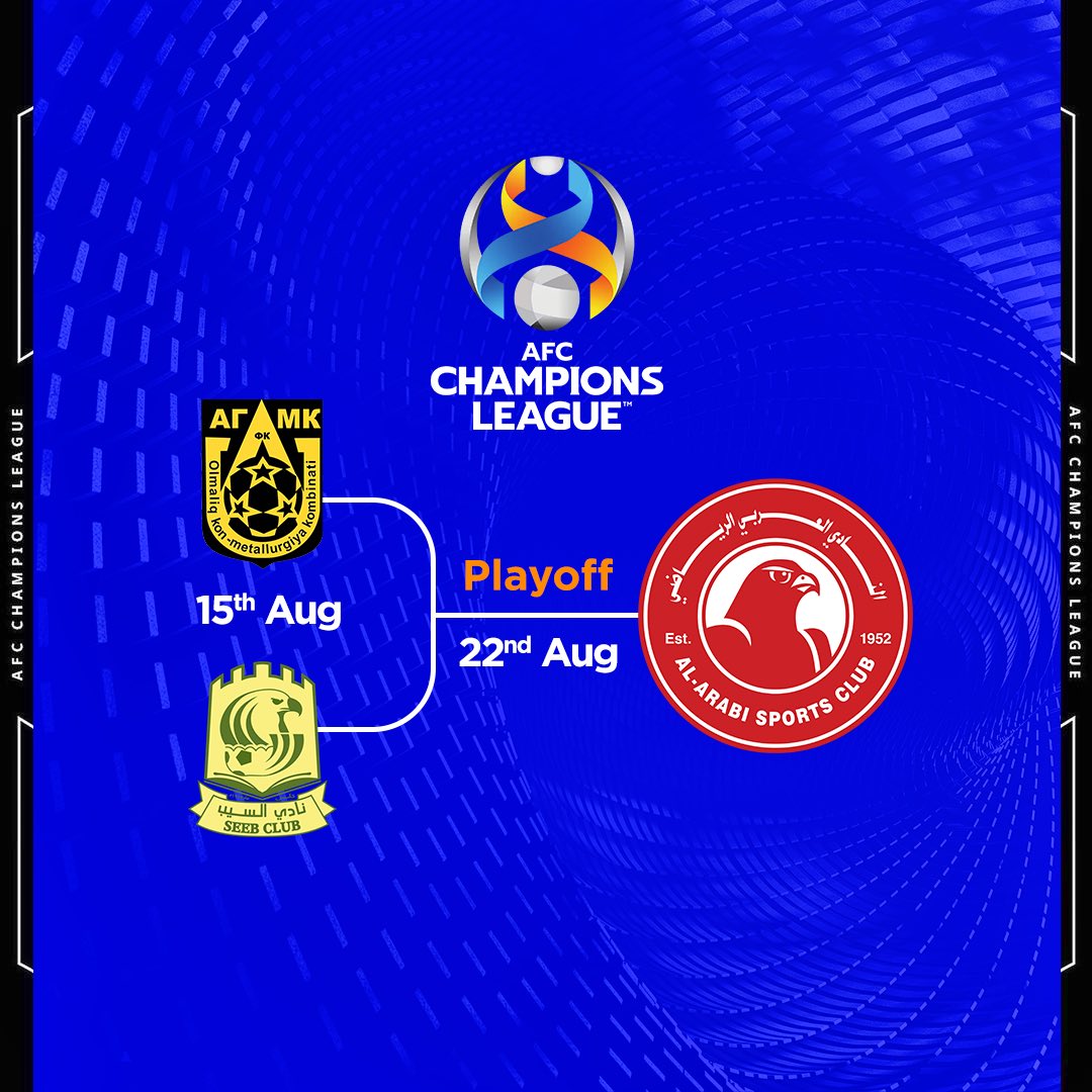 يلعب فريقنا المباراة المؤهلة لدور المجموعات من دوري ابطال اسيا 23/24 أمام الفائز من نادي ايه جي ام كي الاوزبكي ونادي السيب العماني
