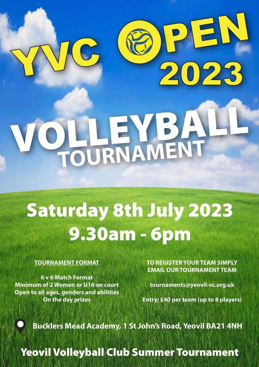 Just over 2 weeks to go until our one day grass tournament. Nearly half the team slots confirmed and taken so far, so get your entries in soon!

Closing date for entries is Tues 4th July.

Latest tournament info: yeovil-vc.org.uk/home/Summer_To…

Tournament hashtag: #yvc_open