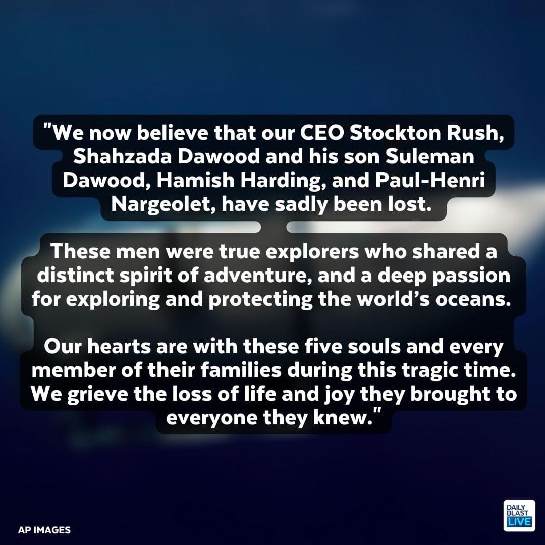 abooodddiii's tweet photo. Debris has been found near the Titanic wreck and is reportedly from the missing submersible.

The owner and operator of the Titan vessel released a statement saying they believe the five passengers on board are ‘sadly lost.’ 

#OceanGateSub #titanicsubmarine #submarinemissing https://t.co/vLZMmucERC
