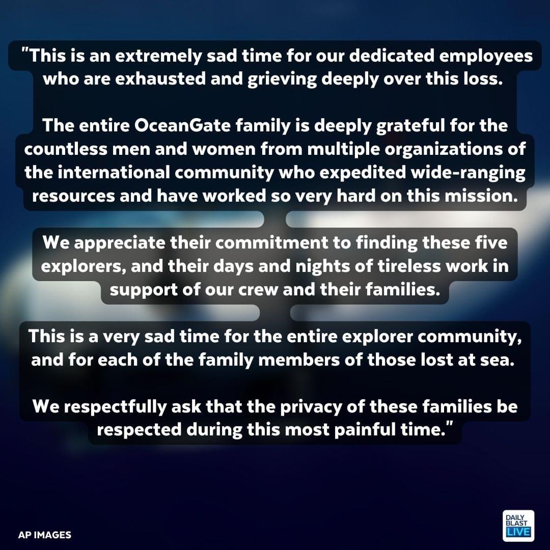 abooodddiii's tweet photo. Debris has been found near the Titanic wreck and is reportedly from the missing submersible.

The owner and operator of the Titan vessel released a statement saying they believe the five passengers on board are ‘sadly lost.’ 

#OceanGateSub #titanicsubmarine #submarinemissing https://t.co/vLZMmucERC