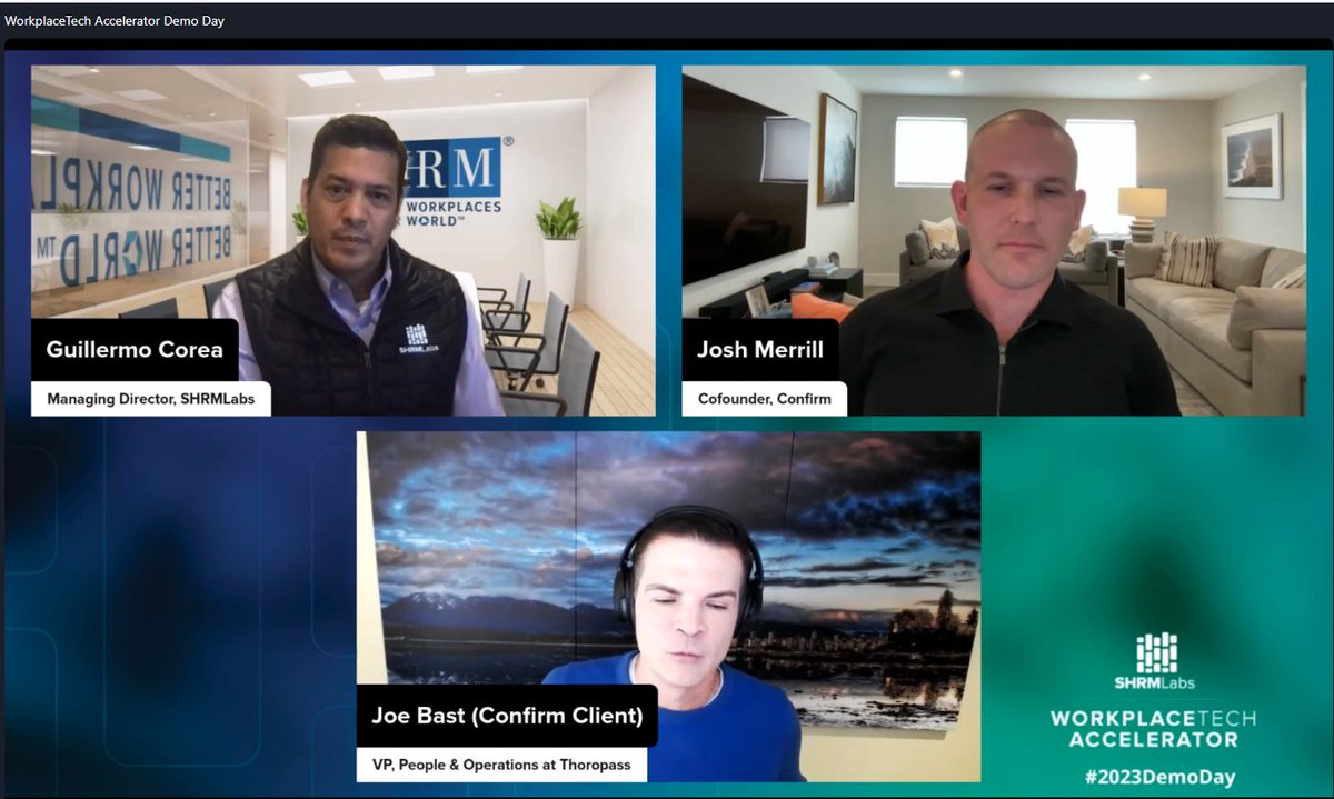 DCasha's tweet image. Interesting change up on startup pitches by SHRM, inviting a customer to share their story - for Confirm HR, it&apos;s @thoropass #2023demoday