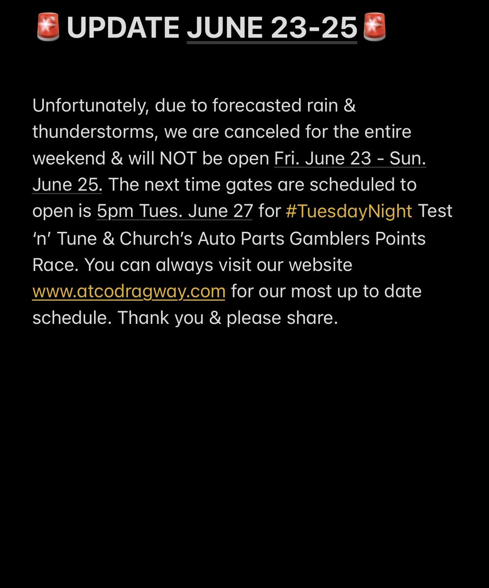 🚨UPDATE FOR JUNE 23-25🚨
We are canceled the entire weekend, June 23-25, and will NOT be open. Thank you &amp; please share.