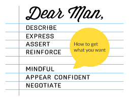 InspiredMindsWC's tweet photo. #DEARMAN is how we ask or say no assertively. #Describe, #Express, #Assert, #Reinforce, stay #Mindful, #Appear confident, #Negotiate if you are willing to. #dbtskillfortheday https://t.co/ZNtaywB15N