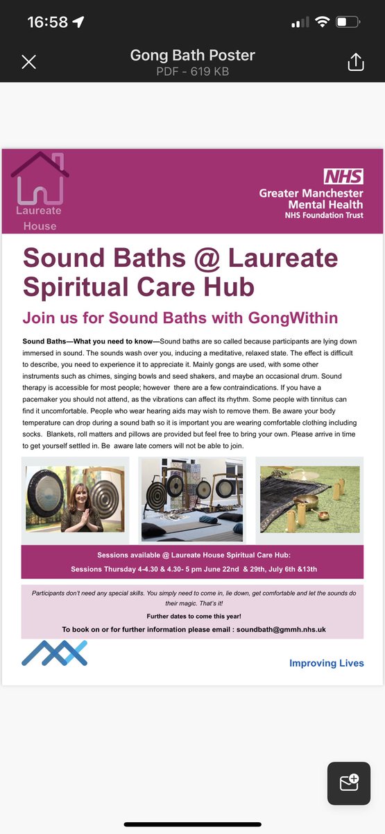 AdamMorrisRMN's tweet photo. Today we had the first Sound Bath sessions @ Laureate House Spiritual Care Hub run by the fantastic GongWithin. I’ve never been one of these immersive gong sound therapy sessions but I’ll certainly be back for more! #TeamLaureate @GMMH_NHS #wellbeing #GongBath #Soundbath https://t.co/sO924Z2JOp