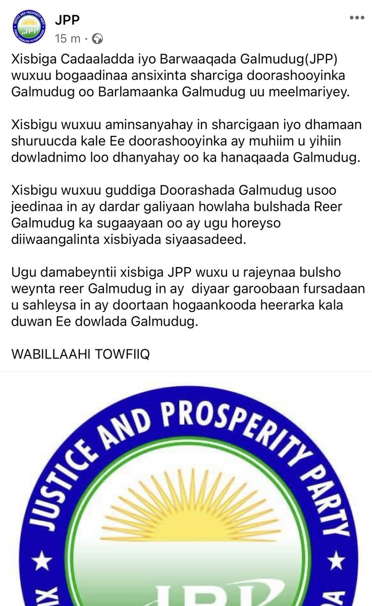 #JPP party Welcomes the endorsement of galmudug lawmakers for galmudug election law.
#GeediBarwaaqo