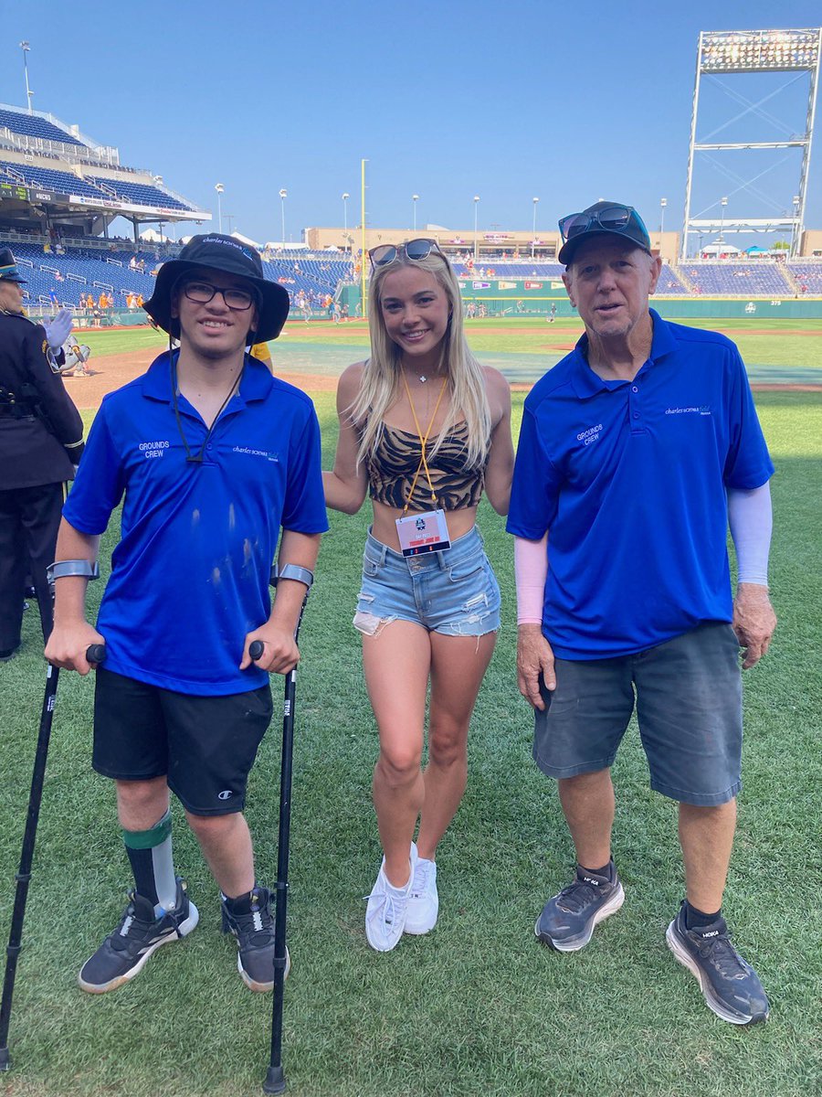 Mustangs stadium Director Stan Weston &amp; grandson Caleb are working on the grounds crew at the College World Series in Omaha. They met LSU gymnast &amp; social media star Olivia Dunne while at the CWS.

Saturday, Stan will be honored pregame with our ‘23 St. Joe Baseball Hall of Fame.