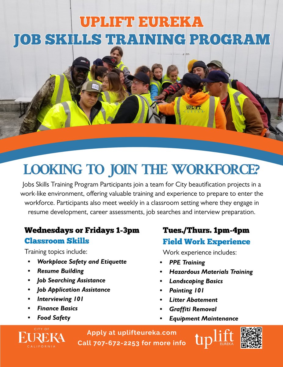 UPLIFT Eureka will be restarting their Job Skills Training Program on July 5th, designed to help community members who have been out of the workforce for some time improve their resume and job readiness, with the ultimate goal of securing employment.

More info on the flyer!