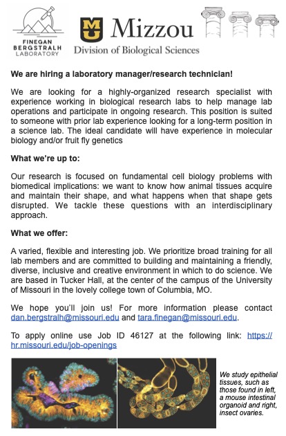 The Finegan-Bergstralh Lab is hiring! <a href="/MizzouBiology/">MizzouBiology</a>
