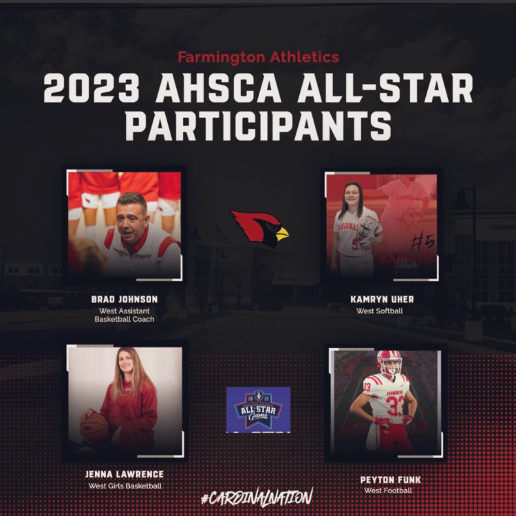 Congratulations to these Cardinals, who will represent Farmington this weekend at the 2023 AHSCA All-Star Games in Conway! Kamryn Uher- Softball, Fri 4pm Jenna Lawrence, Brad Johnson- Basketball, Sat 1pm, Peyton Funk- Football, Sat 6pm. #CardinalNation