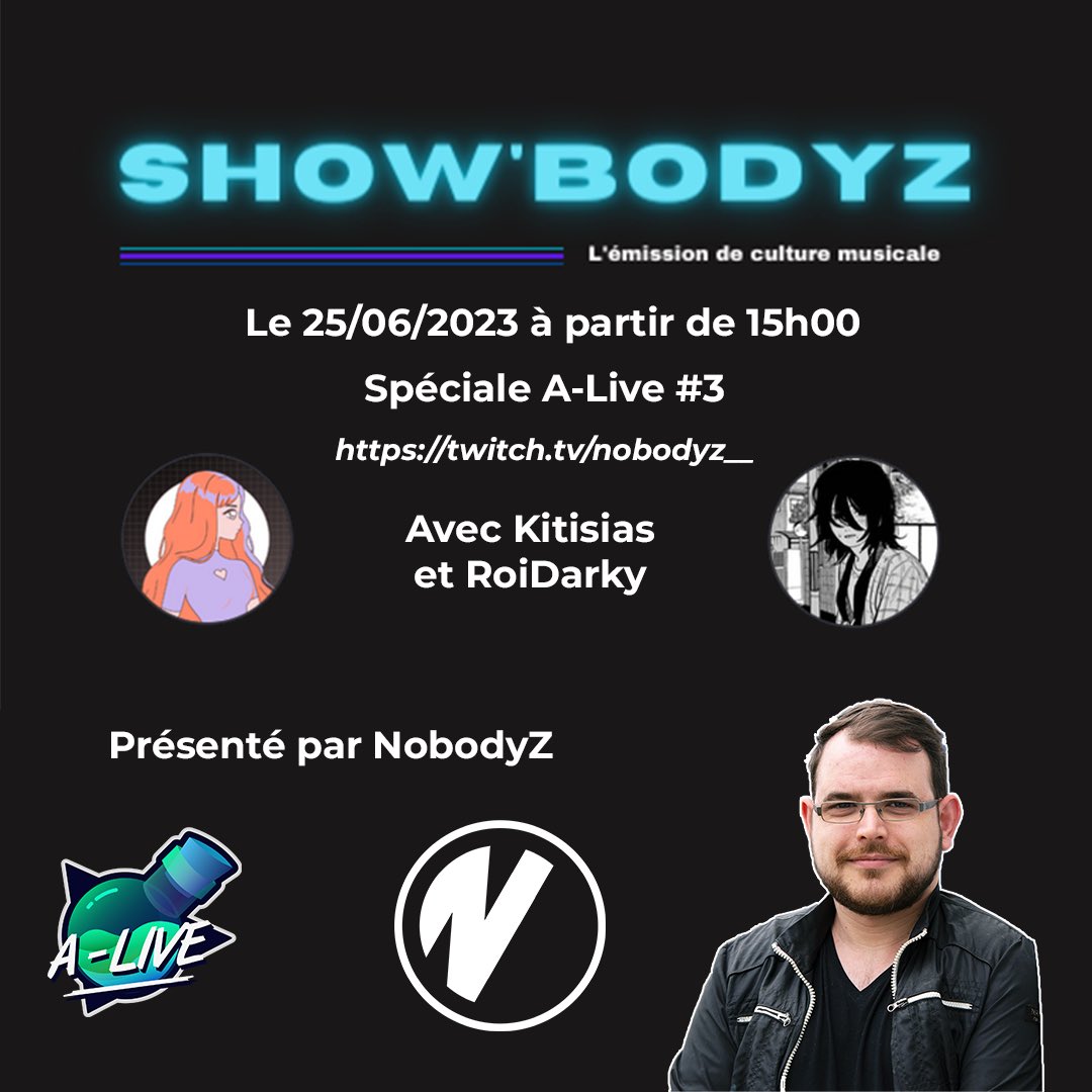 Eh, deux Show’bodyZ pour le prix d’un ce week end, c’est cool non ? Samedi soir à 20h30 : @MaliciaRoseNoir et @ptilu_ essaieront de remporter la victoire de la 3e édition ! Dimanche à 15h : @Kitisias et @RoiDarky s’affronteront ! J’ai si hâte ! 🥰 @A_Live_Event