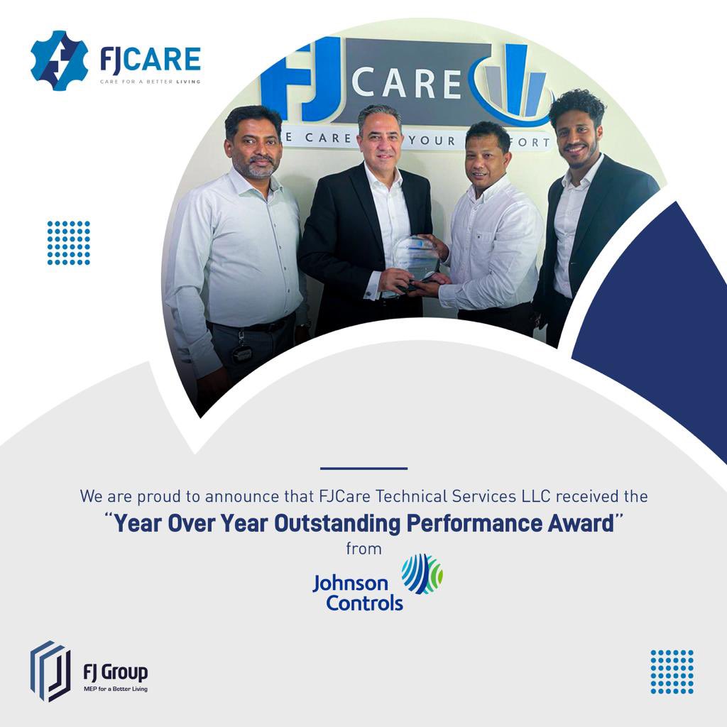 FJGroupMEP's tweet photo. FJCARE Technical Services LLC proudly takes home the "Year Over Year Outstanding Performance Award” from Johnson Controls! 

Great recognition for our exceptional dedication and competency. https://t.co/t7DocuTUIT