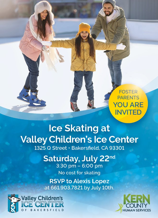 Summer temps are rising, so time to cool off! @KernCountyDHS & @CareForKids's Ice Center are hosting a free ice skating day for #fosteryouth on Sat. July 22nd. #KernCounty #Fosterparents need to RSVP by July 10th.
