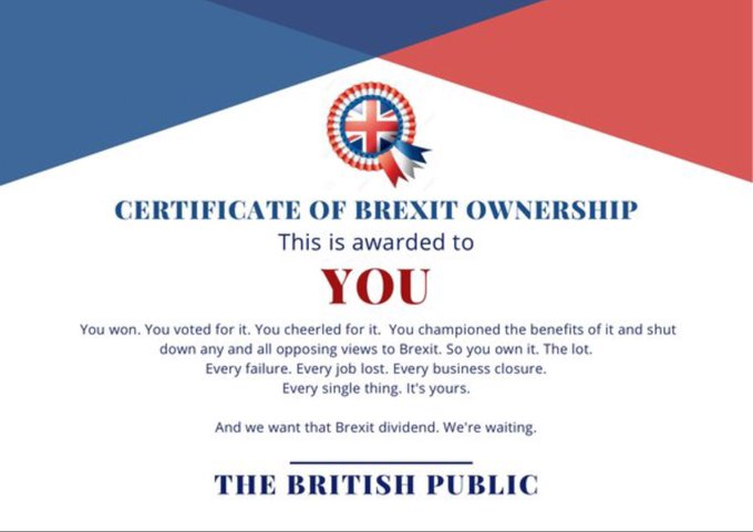 Dear Brexiter's, 
Please print out the certificate below & stick it where the sun doesn't shine x
#BrexitLies #BrexitCarnage #BrexitBrokeBritain #ToryBrexit #ToryRecession #ToryCostOfGreedCrisis 
#Sunackered #GTTO #GeneralElectionNow #bbcqt