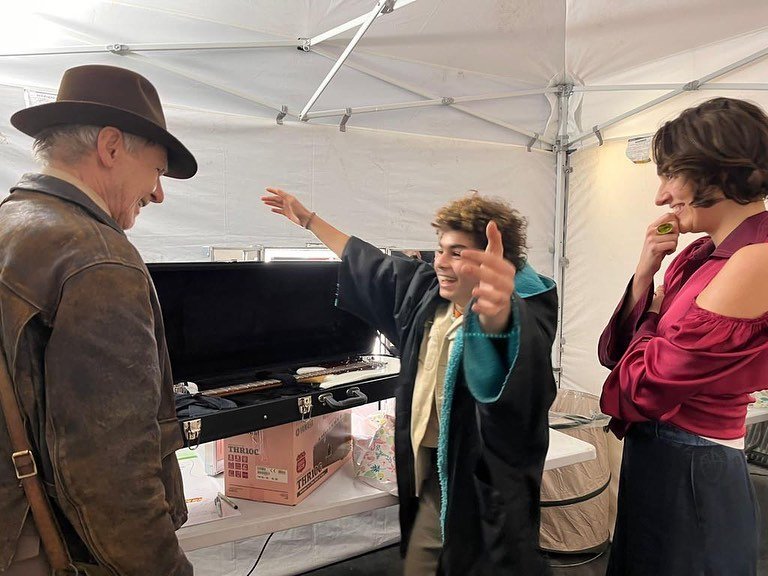 Harrison Ford, Phoebe Waller-Bridge and Ethann Isidore on the set of Indiana Jones and the Dial of Destiny.