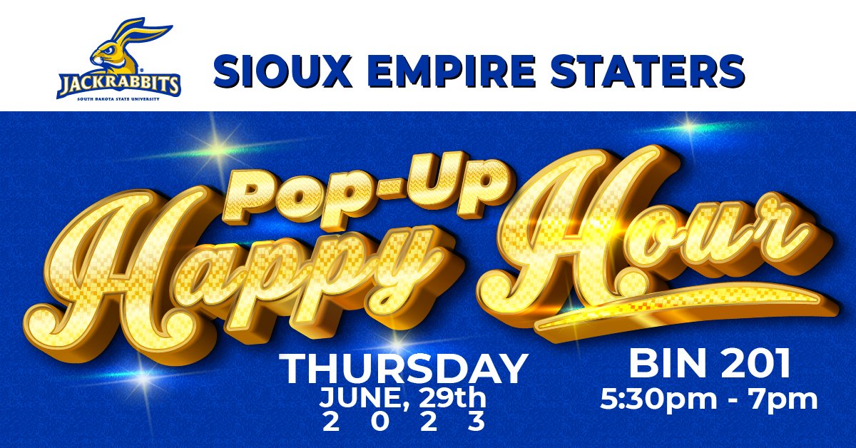 SDStateAlumni's tweet photo. 📢Join the Sioux Empire Staters at Bin 201 downtown on Thurs., June 29th, 2023, from 5:30 p.m. to 7 p.m. for an SDSU Alumni Pop-Up Happy Hour! Your first drink is on the Sioux Empire Staters if you wear blue or yellow!💙💛 https://t.co/VeSWK4gdlS