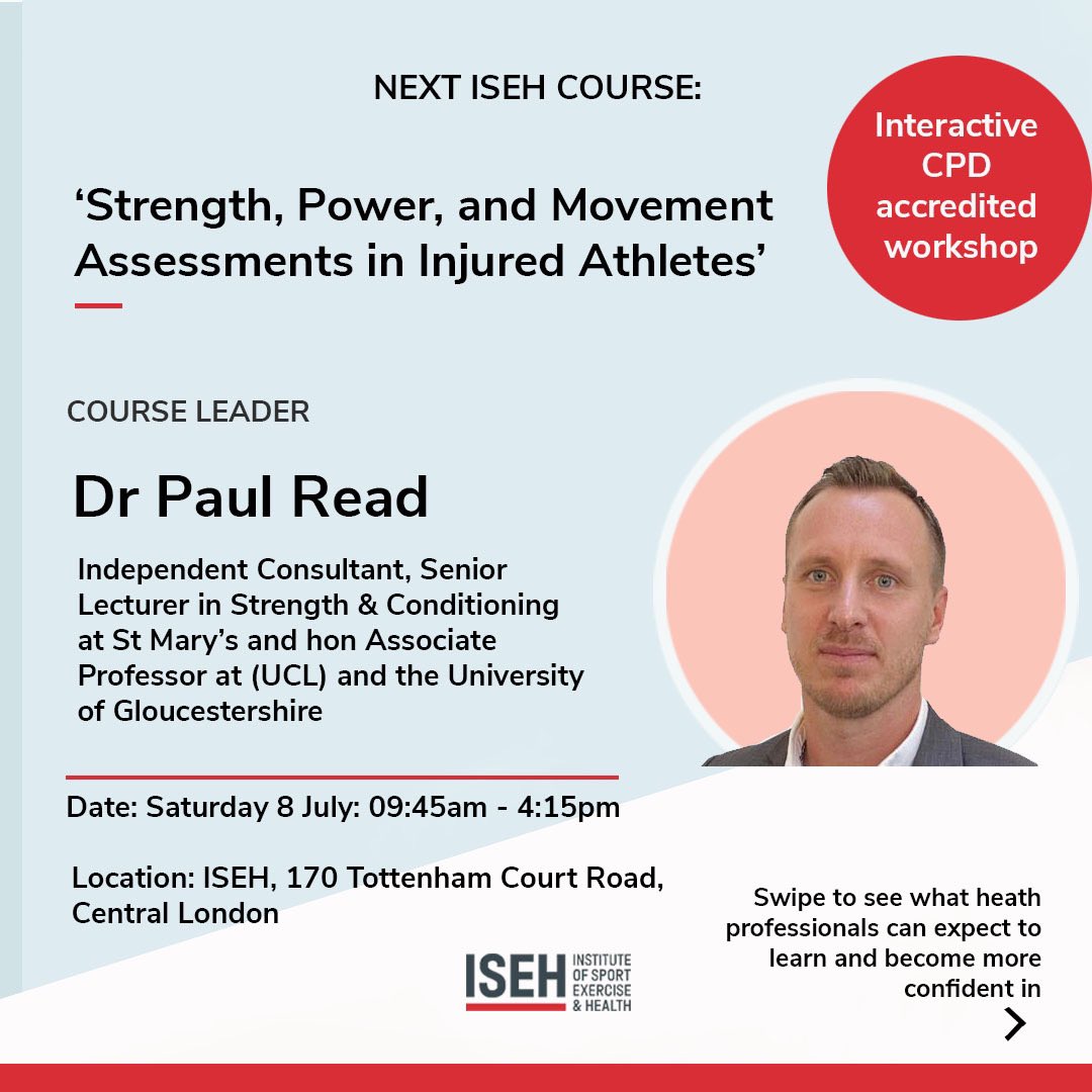 TheISEH's tweet image. Countdown to our next ISEH CPD practical workshop, 'Strength, Power and Movement Assessments in Injured Athletes' led by Dr @paulread1010 on Saturday 8th July at our leading SEM facility in Central London.
To find out more and secure your place, visit: tinyurl.com/4fwdrxsx