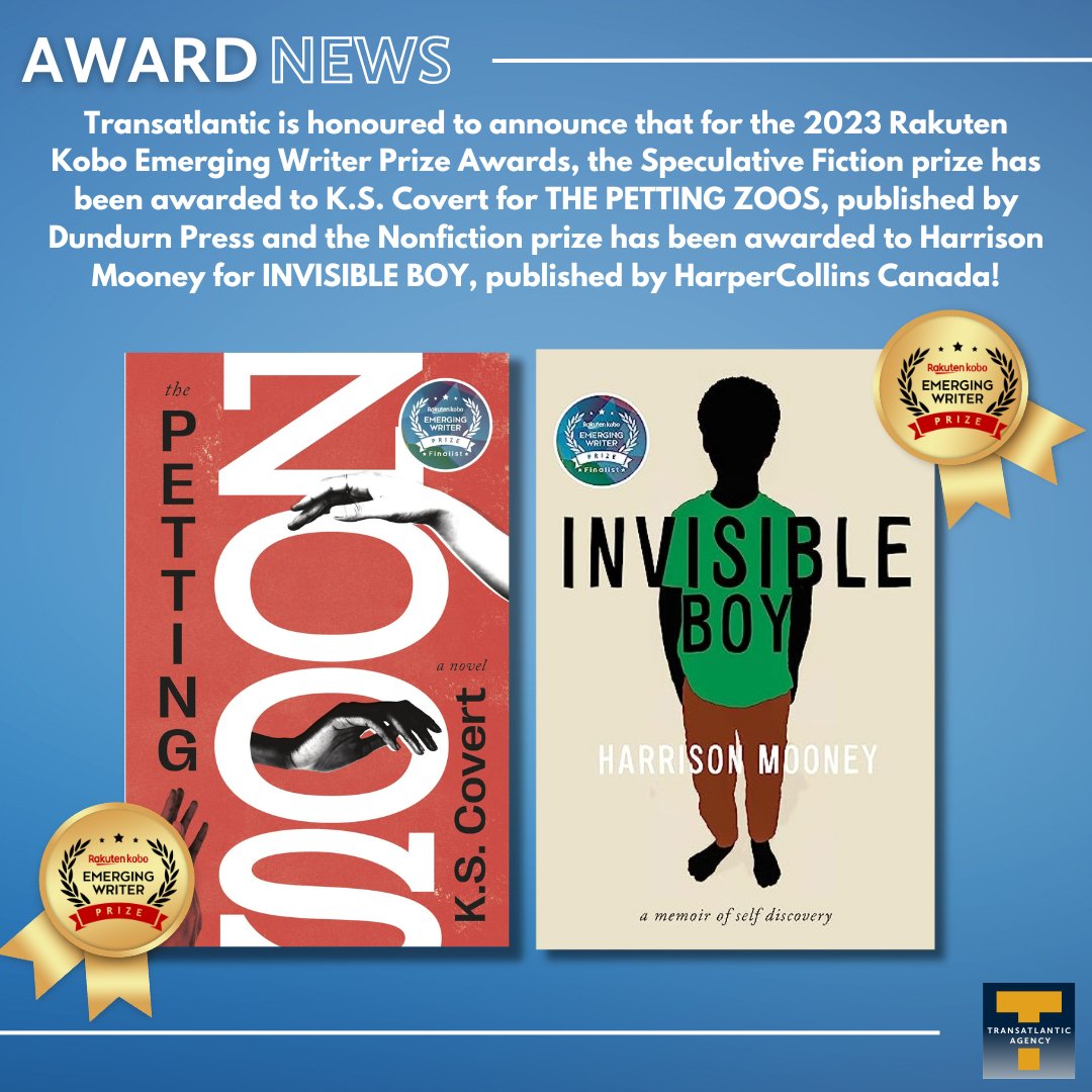 Transatlantic Agency (@translitagency) on Twitter photo We are honoured to announce that <a href="/kscovert/">Kim</a> has won the Speculative Fiction Prize for THE PETTING ZOOS <a href="/dundurnpress/">Dundurn Press</a> and the Nonfiction prize has been awarded to <a href="/HarrisonMooney/">Harrison Mooney 🫥</a> for INVISIBLE BOY <a href="/HarperCollinsCa/">HarperCollinsCa</a> for the 2023 Rakuten <a href="/kobo/">Kobo</a> Emerging Writer Prize!
Congratulations! We are honoured to announce that <a href="/kscovert/">Kim</a> has won the Speculative Fiction Prize for THE PETTING ZOOS <a href="/dundurnpress/">Dundurn Press</a> and the Nonfiction prize has been awarded to <a href="/HarrisonMooney/">Harrison Mooney 🫥</a> for INVISIBLE BOY <a href="/HarperCollinsCa/">HarperCollinsCa</a> for the 2023 Rakuten <a href="/kobo/">Kobo</a> Emerging Writer Prize!
Congratulations!